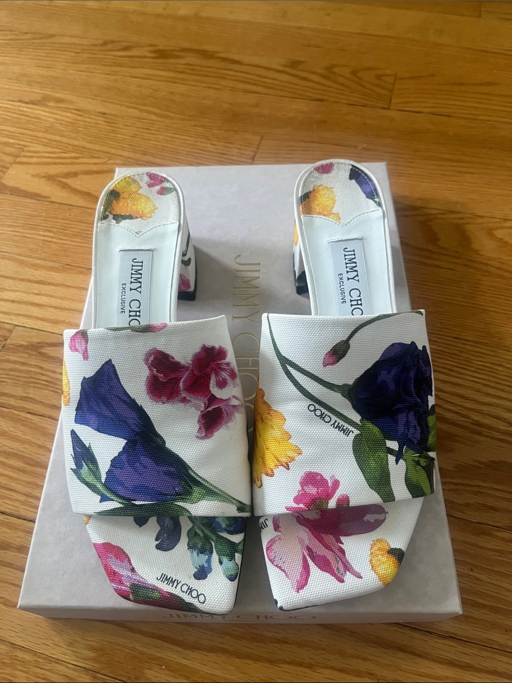 Jimmy Choo White Floral Block Heel Slide Mules